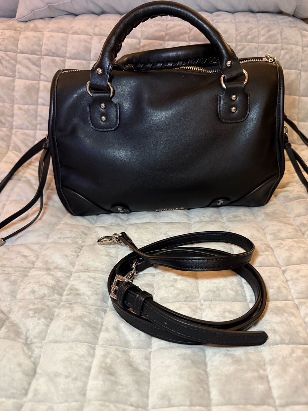 Steve Madden Black Braided-Handle Satchel with Detachable Strap